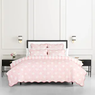 Kate Spade New York Eclipse Stripe Dot 3-teiliges Bettwäsche-Set für King-Size-Bett, 100% Baumwolle, wendbar, für alle Jahreszeiten, warme Bettwäsche, maschinenwaschbar, Rosa