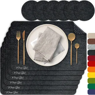 MAHEWA 6er Set Premium Tischset Platzset aus Filz rutschfest Ab-waschbar und Waschmaschinenfest Eckige Platzdeckchen Teller-Untersetzer Filzset Tisch-Matten Platz-Matten (Anthrazit/Weiß, 6er Set)