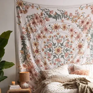 Beige Bohemian Tapisserie Wandbehang, Mandala Blumenmedaillon Hippie Tapisserie mit weißem ästhetischen Kranz Design, Psychedelischer Hippie Wanddekor Decke für Schlafzimmer Wohnheim, 150*170cm