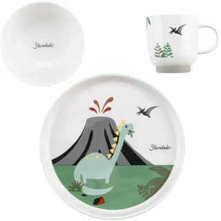 Sterntaler Geschirrset aus Porzellan Dino Rexi - Geschirr Set mit rutschfestem und abnehmbarem Silikonsockel - Baby und Kindergeschirr mit Teller, 400 ml Schüssel und 200 ml Tasse, weiß