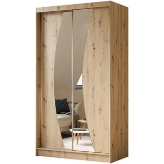 Altdecor Kleiderschrank mit Spiegel-Schiebetüren und Aluminium-Leisten - Voxi - 120 cm Eiche Artisan , Holzwerkstoff , 120x216x61 cm , Schlafzimmer, Kleiderschränke
