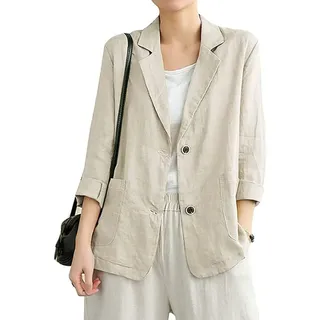 IDEALSANXUN Baumwoll-Leinen-Blazer für Damen, langärmelig, locker, lässiger Blazer, Beige, M