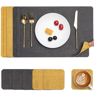 Myir JUN Tischsets Abwaschbar Leder und Untersetzer, Doppelseitigen Platzset rutschfest Platzdeckchen Kunstleder (Grau Gelb, 6er Set)