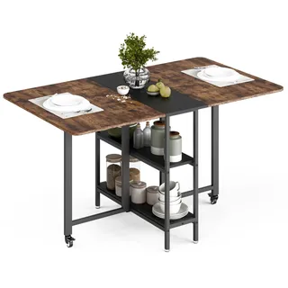 Mondeer 140cm Esstisch Klappbar,Küchentisch für kleine Räume,4-6 Personen | Klapptisch Ausklappbare,Ausreichend Stauraum,360° Rädern leicht bewegen und verriegeln,Küche,Esszimmer,Wohnzimmer,Braun