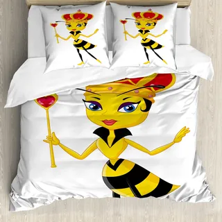 ABAKUHAUS Bienenkönigin Bettbezug, Cartoon-Stil Bee, Milbensicher Allergiker geeignet mit Kissenbezügen, 155 cm x 220 cm - 80 x 80 cm, Scarlet Schwarz Gelb - Schwarz