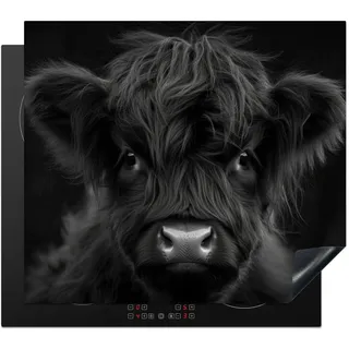 KitchenYeah© Herdabdeckplatte Einteilig Induktionsmatte Küche Abdeckung | 59x52 cm - Glaskeramikkochfeld Herd Abdeckplatte Deko Vinyl Matte Aufrollbar Schottisches Hochlandrind - Schwarz - Kalb - Kuh