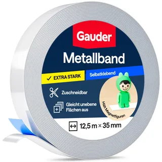 GAUDER Metallband selbstklebend für Magnete (12,5 m x 35 mm) | Metallstreifen für Magnete & Magnetleiste - ideal für Tonie-Figuren und Regale - Ferroband/Stahlband mit Schaumstoff-Kleber