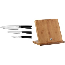WMF Messerset 3-teilig YARI 3 Messer Küchenmesser geschmiedet japanischer Klingenstahl 67 Lagen Pakkaholz & Messerblock ohne Messer aus Bambus magnetisch unbestück leer für 4-5 Messer