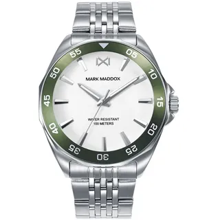 Uhr MARK MADDOX Herren Stahl 43mm Dreizeigeruhr Lünette Grün Kugel Weiß Missio