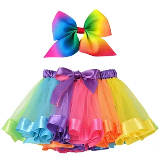 FSSTUD Regenbogenfarbener Tutu-Rock, Prinzessin-Tüllrock, Ballett-Tanz-Rüschenrock, Geburtstagsparty-Rock, Kleid mit Haarschleife
