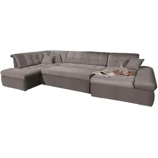 DOMO collection Wohnlandschaft »NMoric im XXL-Format, B/T/H: 353/216/80 cm, incl. Zierkissen U-Form« wahlweise mit Bettfunktion und Armlehnenverstellung, grau