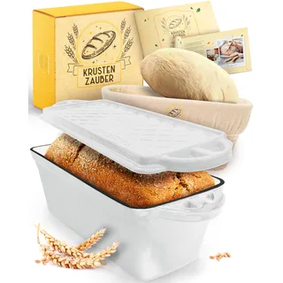 KRUSTENZAUBER Emaille Brotbackfrom mit Deckel inkl. Gärkorb - Robuste 28cm Backform aus Gusseisen - Ideal als Kastenform, Toastbrot Backform, Brotform, Gusseisen Topf Brot backen Zubehör, Brottopf