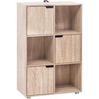 Woltu Bücherregal Bücherschrank Standregal Aufbewahrungregal Raumteiler Büroregal Aktenschrank, mit 3 Türen, 6 Fächer, 29 x 91 x 59,6 cm, Eiche - Naturbelassen