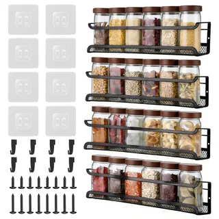 Sayudar Gewürzregal Wand Ohne Bohren im 4er Set - Stabil mit Netz-Boden & Fallschutz, Gewürzregal Kleben für Schranktür & Speisekammer, Wandregal Küche Schwarz inkl. Zubehör, Metall, 29 x 7 x 7 cm