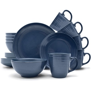 Echtwerk Vintage Kombiservice "Alicia" Modern-Design für 6 Personen, Stilvolles dunkelblaues Geschirrset aus Stoneware mit 6 x Speiseteller, 6 x Beilagenteller, 6 x Schüssel, 6 x Teetassen