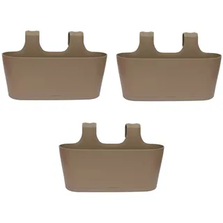 Engelland 3 x Blumenkasten zum Auf-Hängen, Farbe: Braun, Blumentopf, oval, Balkon, Übertopf, Pflanzkasten, mit Wasserspeicher/Wasserauffangschale