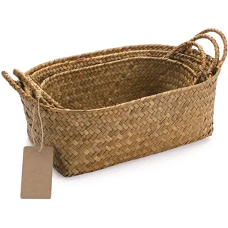 Rattan Regalkörbe Aufbewahrungskorb aus Seegras mit Griff Regalkörbe Natürliches Gewebt Oval 3 Stück (Groß + Mittel + Klein)