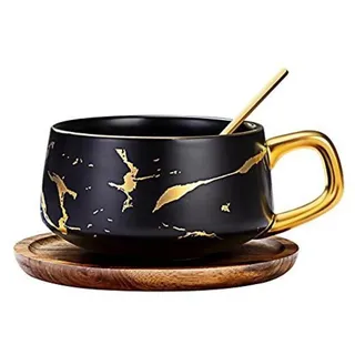 Espressotassen Set 300 ml Marmor Optik Porzellan Schwarz 1 Tasse 1 Untertasse 1 Löffel