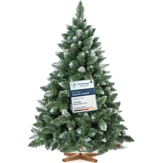 FairyTrees Weihnachtsbaum künstlich 150cm Kiefer mit Christbaum Holzständer | Tannenbaum künstlich mit Natur-Weiss beschneit |  EU - Grün