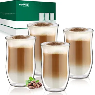 Latte Macchiato Gläser Doppelwandig (4 x 350ml) Kaffeegläser Doppelwandige Thermo Latte Gläser Cappuccino Tassen Glas Handgemachtes Doppelwandiges Glas kaffeeglas Set