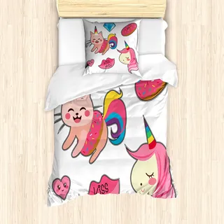 ABAKUHAUS Einhorn-Katze Mantele, Fantasie, Milbensicher Allergiker geeignet mit Kissenbezügen, 135 cm x 200 cm - 80 x 80 cm, rosa Multicolor - Rosa