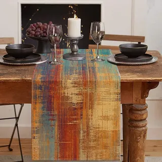 Emvency Tischläufer in Blau und Orange, Vintage-Stil, abstrakt, unordentlich, Rostmalerei, Esszimmer-Dekoration für Küche, Couchtisch, Familienessen, Urlaub, Partys, Hochzeiten, Veranstaltungen