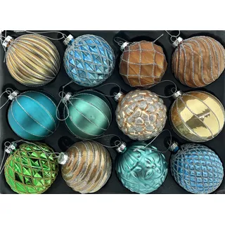 12er Set edle Luxus Glas Weihnachtskugeln Ø 8cm Weihnachtsbaum Kugeln Christbaumkugeln Weihnachten Baumschmuck (Sortiment_J)