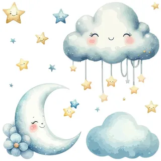 Wallfluent Wandaufkleber 80x81cm - Fröhlicher Himmel mit Wolken , Multicolor , Kunststoff , Rechteckig , 80x81x0.1 cm , Tapeten & Wandverkleidungen, Wandtattoos & Sticker, Wandtattoos