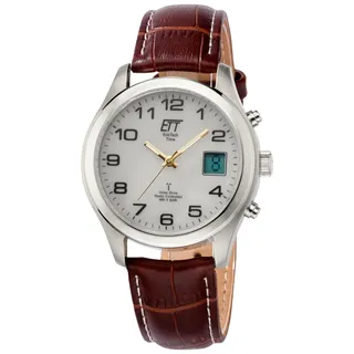 Funkuhr ETT "Basic", braun, Armbanduhren, Herren, Funkuhr, Armbanduhr, Solar, Herrenuhr, Lederarmband, analog, digital
