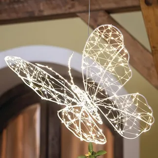 Outdoor LED Deko "Schmetterling" aus Metall, weiß, mit 600 LED, Gartendeko mit Timer, Hängedeko 60x43 cm, Wanddeko für Draußen, Balkon und Garten - Weiß