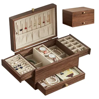 Baolivi Schmuckschatulle aus Holz Schmuckkasten klein für Damen, Massivholz Vintage Schmuckkästchen Schmuckbox mit Halskettenhalter, 3 Ebenen Schmuckaufbewahrung für Schmuck, Ohrringe, Armbanduhr