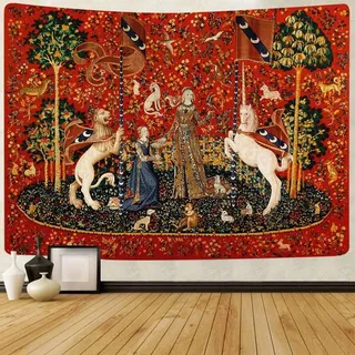 feasrt Mittelalterliche Dame Tapisserie europäischer königlicher Wandteppich Dame und Einhorn Wandteppich für Schlafzimmer Wohnzimmer Wohnung Wohnheim Dekor Wandbehang Tapisserie 203,2 x 152,4 cm