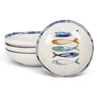 Teller im mediterranen Design mit Sardinen-Motiv | Maritime Speiseteller (26 cm), Suppenteller (21 cm) oder Dessertteller (20 cm) - robust, Steinzeug, glattes Finish (4er Set Suppenteller (21 cm))