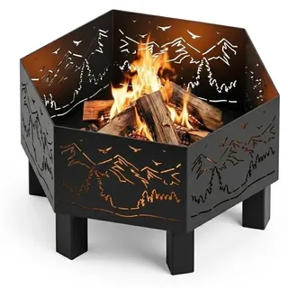 MetaloPro Hexa Ember Feuerschale sechseckig – Feuerstelle Garten 70 cm, 3 mm Stahl geschweißt, Lasercut Flammen-Motiv, schwarz pulverbeschichtet, EU-Herstellung