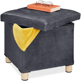 Relaxdays Samthocker mit Stauraum, Tablett im Deckel, mit Holzbeinen, eckiger Sitzhocker, HBT: 35x38x38 cm, dunkelgrau