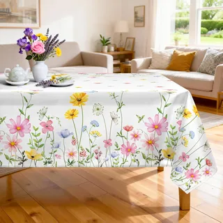 Arquiel Tischdecke Rechteckige Florale, Tischtuch Blumen Wasserabweisend StrapazierfäHiges Aquarell, Abwischbar Tischdeck FüR Abendessen, KüChe, Hochzeit, Drinnen, FrüHling/Sommer(152 x 214 cm)
