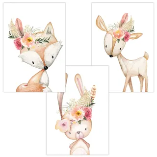 Olgs Babyzimmer Poster Boho 3er Set, Kinderzimmer Deko Bilder DIN A4, Wandbilder Tiere, Waldtiere Blumen Feder Fuchs Hase Reh - Wandposter Mädchen Junge