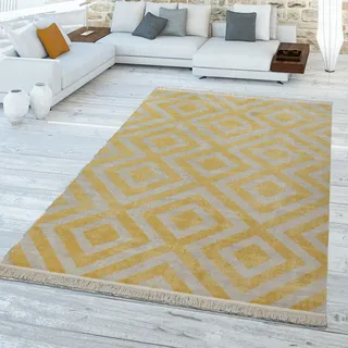 TT Home In-& Outdoorteppich Wetterfest Balkon Teppich Küche Rauten Design Soft Skandi Design Geometrisches Design Größe 60x100 cm - Gelb
