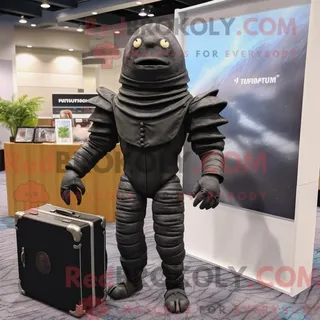 Maskottchen REDBROKOLY eines schwarzen Trilobiten mit Anzug und Aktentasche