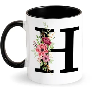 Personalisierte Tasse Buchstabe Kaffeetasse, Alphabet Keramiktasse., Geschenke für Freund Kollegin Tochter Schwester Lieblingsmensch Erwachsene Patentante Frauen Familie Geburtstag Muttertag (H)