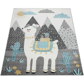 Paco Home Kinderteppich, Teppich Kinderzimmer Lama Berge Kinder-Motiv, Grau Türkis Gelb, Grösse:120x160 cm