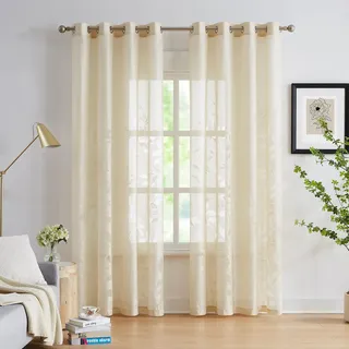 Treatmentex Durchsichtig Spitze Vorhang Jacquard Gardinen mit Ösen Blättermuster Halbtransparente Vorhänge Vintage Dekoschal Ösenvorhänge für Schlafzimmer Wohnzimmer, Beige, 2 Stücke,140×225CM(B×H)