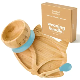 Bamboo Baby Teller Geschenk, Kindergeschirr Set Mit Saugnapf, Schüssel und Löffel Ab 6 Monaten (Fuchs, Blau)