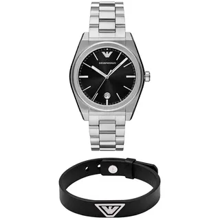 Emporio Armani Herren Silber-Ton Edelstahl-Uhr und Lederarmband, Set