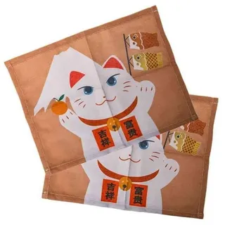 lachineuse - 2 Tischsets Maneki Neko & Mount Fuji - Tischset aus japanischem Stoff - 40 x 30 cm - Geschenkidee für die japanische Küche - Süße japanische Katze - Asiatisches Dekoobjekt - Farbe Beige