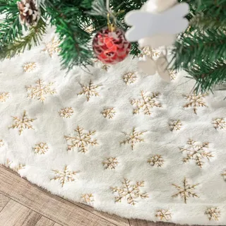 Henrey Tech Weihnachtsbaumdecke Christbaumdecke Weißes Kunstfell Gold Glitter Schneeflocke 122 cm für Weihnachtsbaumdekoration