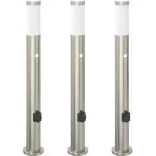Pollerleuchten mit Sensor&Steckdose 3er 80 cm Edelstahl IP44 - Silber