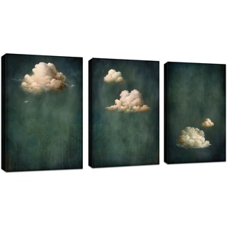 FajerminArt 3 Pcs Leinwandbilder Bilder mit Rahmen Minimalisti Dunkelgrüne und weiße Wolken bild auf leinwand Wandkunst Modern Wandbilder Kunstdruck Deko für Wohnzimmer Schlafzimmer 120x60cm(40x60x3)