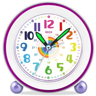 DTKID Wecker Kinder, Kinderwecker Ohne Ticken mit Snooze und Nachtlicht, Analoger Wecker für Jungen und Mädchen, Lernwecker Kinder, Batteriebetrieben (Lila-2)
