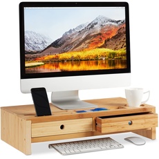 Relaxdays, Natur Monitorständer Bambus, Bildschirmerhöhung mit 2 Schubladen & Fächern, Bildschirmständer HBT 14x60x30cm, Standard